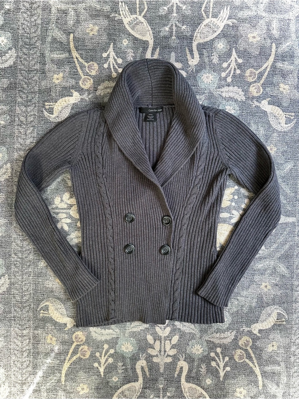 Calvin Klein Dark Gray Ribbed Double-Breasted Shawl-Collar Cardigan